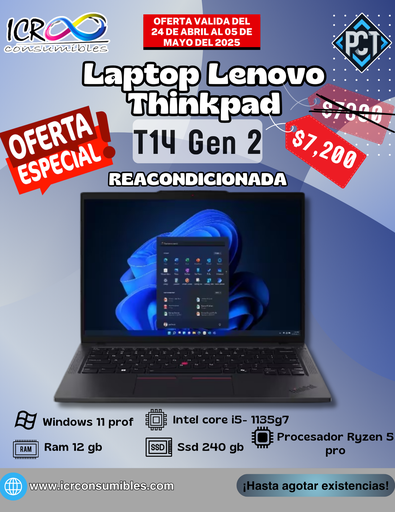 Laptop Lenovo Thinkpad T14 Gen 2 Ryzen 5 Pro SSD 240GB - RAM 12GB 14''